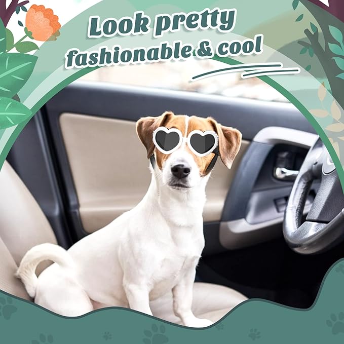 Small Dog Sunglasses UV Protection Goggles Eye Wear Protection with Adjustable Strap Doggy Heart Shape Anti-Fog Sunglasses for Pet Dogs Sun Glasses Doggie Windproof Glasses, White