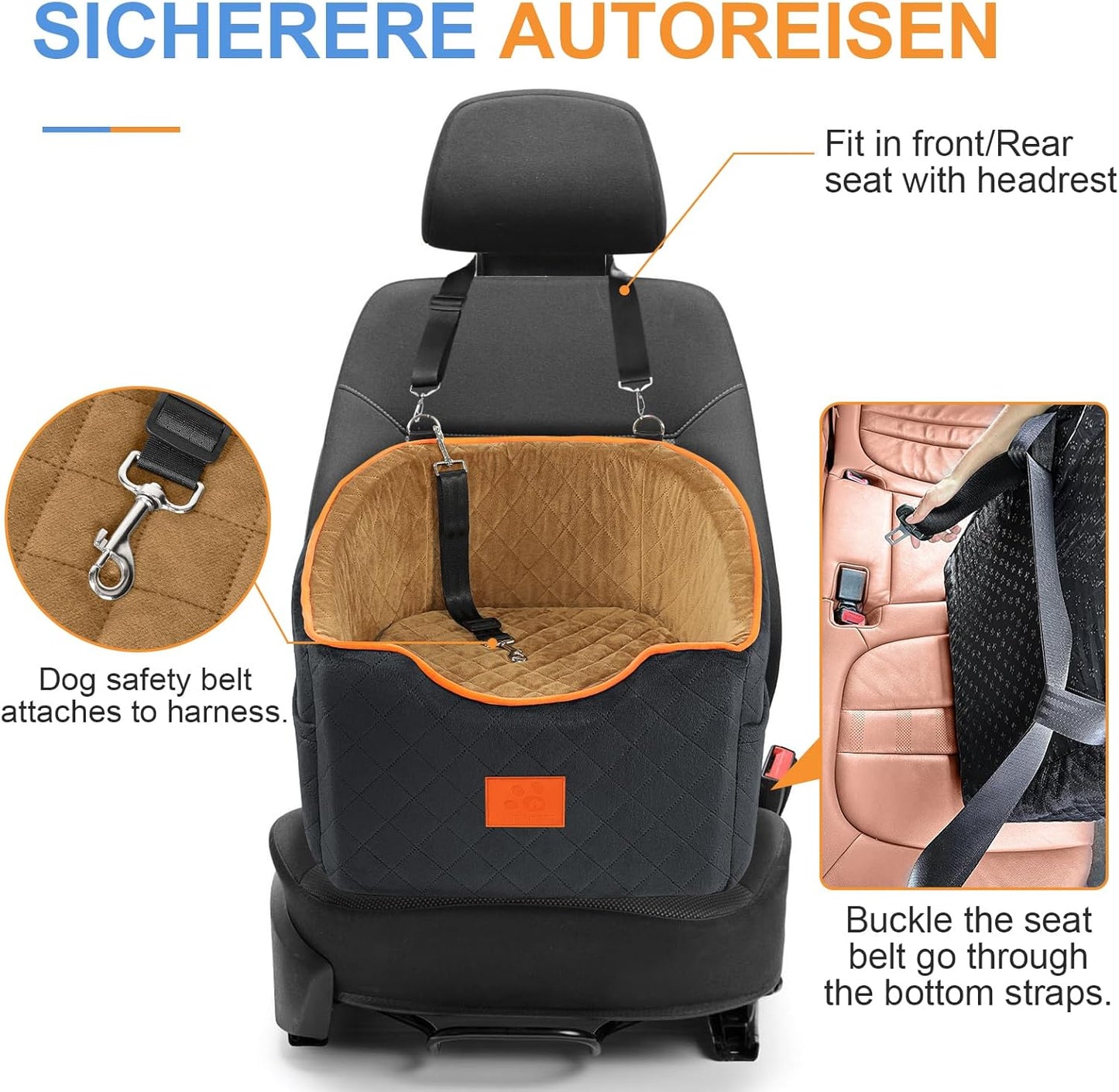 Dog Car Seat for Small Dogs, Memory Foam Booster Dog Seat for Dogs up to 35 lbs, Elevated Pet Car Seat with Washable Removable Cover, Storage Pockets