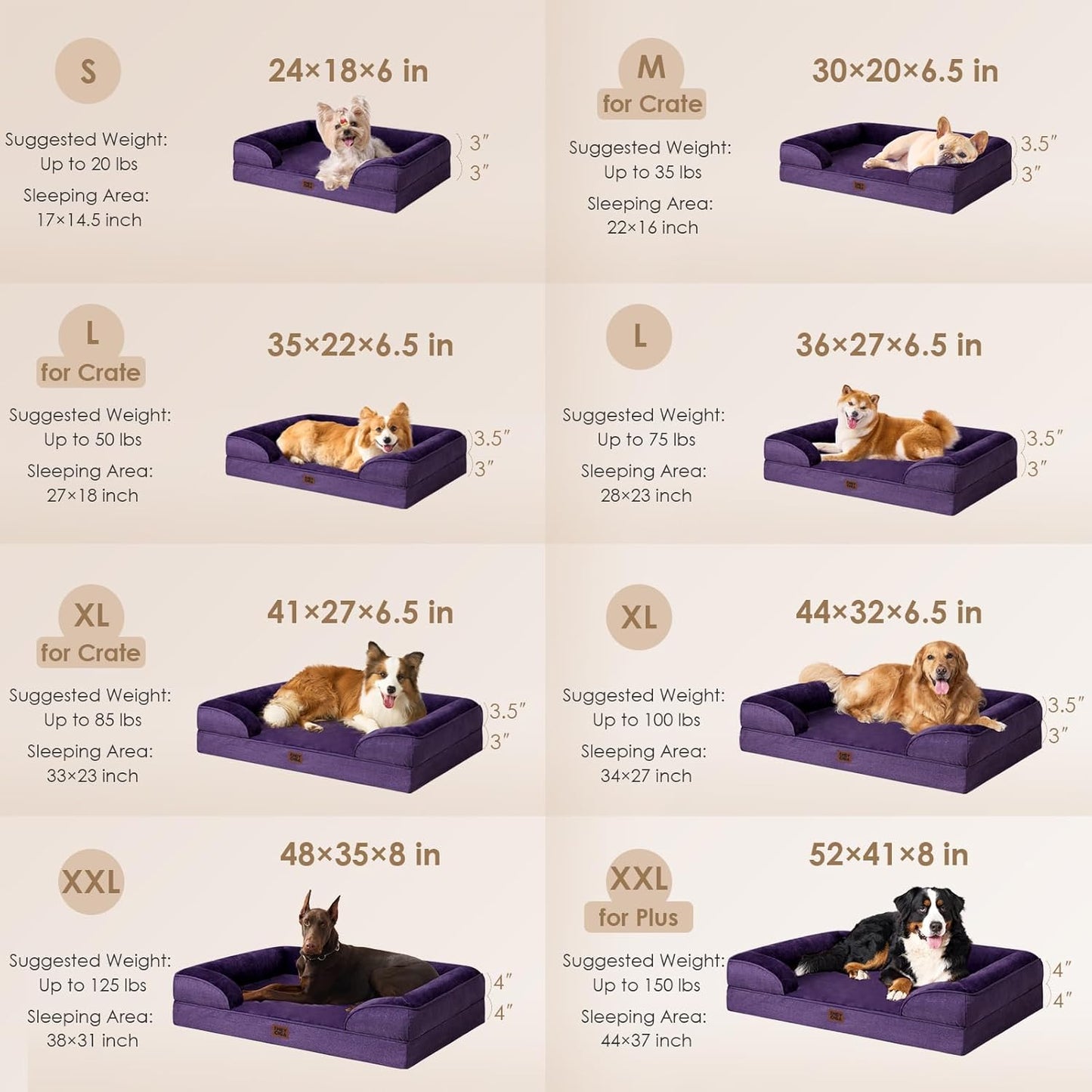 EHEYCIGA Orthopedic Dog Beds for Extra Large Dogs, Waterproof Memory Foam XXL Dog Bed with Sides, Non-Slip Bottom and Egg-Crate Foam Big Pet Couch Bed with Washable Removable Cover, Purple