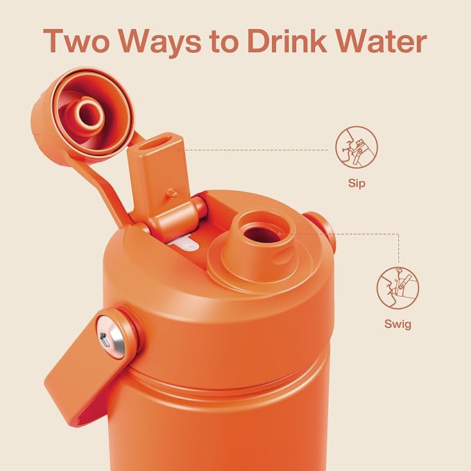 Kids Insualated Water Bottle with Straw - 12oz Stainless Steel Water Bottle with Dual Spouts, Leak-Proof, BPA-Free, Double Wall Vacuum Keeps Cold for 24 Hours for Sports, Travel (Moderate Orange)