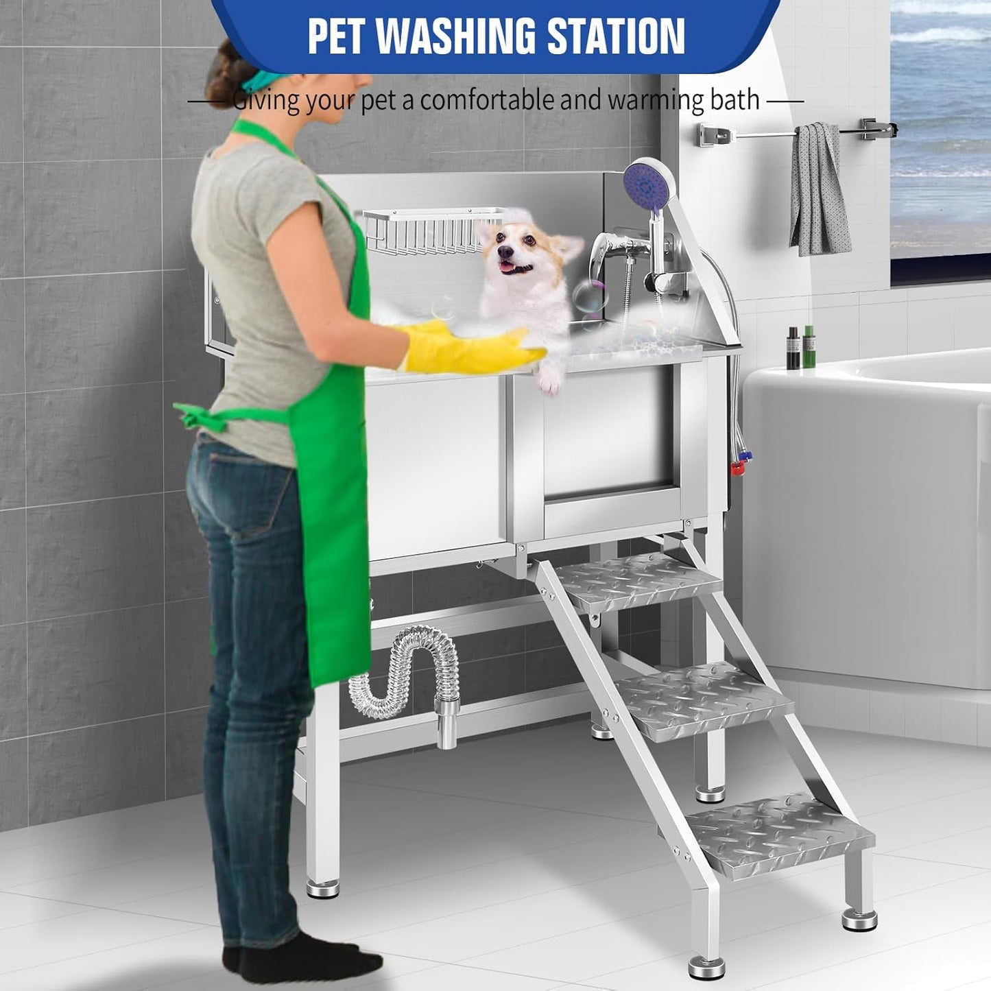 Stainless Steel Dog Washing Station for Large Dogs, Dog Grooming Tub for Home, Professional Dog Bathtub Bathing Station, Pet Wash Station, Dog Shower Tub with Stairs, Drain & Door,34" R-RAMP