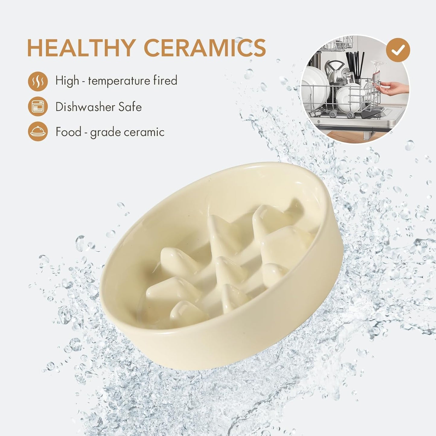 Ceramic Raised Slow Feeder Dog Bowl Set, Elevated 6.1inch Bowl and 7.3inch Slow Pet Food Dish with Wooden Stand for Small and Medium Dog (2 x Beige+ Stand)