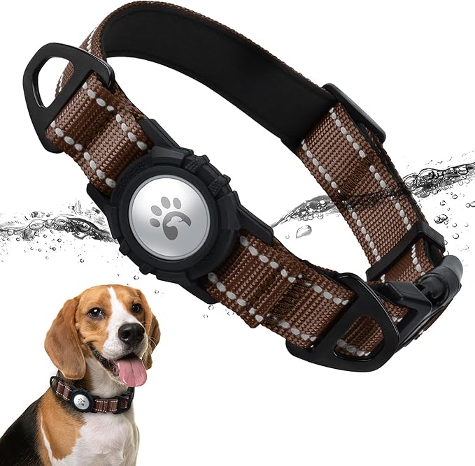 TagME Airtag Dog Collar,Waterproof Reflective Pet Collar with Airtag Holder,Soft Padded and Double D-Rings for Medium Dogs,Brown