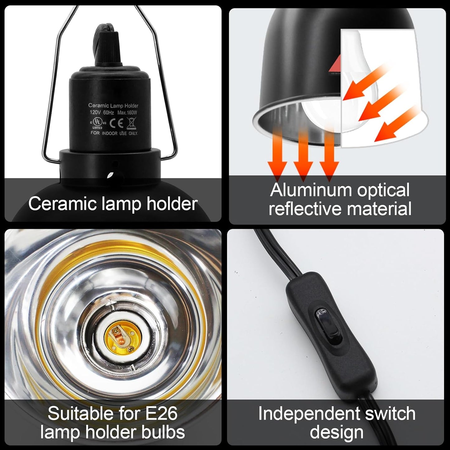 Reptile Light Fixture, 2 Packs 5.5 Inch Deep Dome Lampshade Dimmable, Reptile Heat Lamp Fixture with Separate Switches Fit for UVB Bulb Basking Heat Bulb for Reptile Glass Terrariums