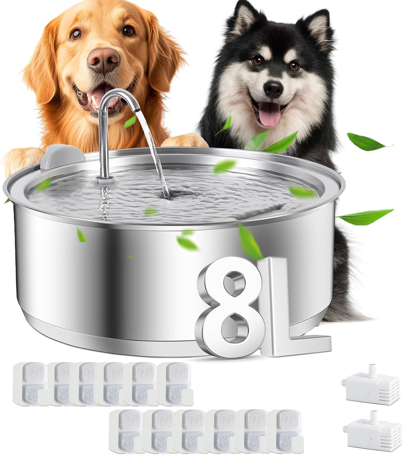 8L/2.1G Dog Water Fountain for Large Dog, Dreamocean Dog Water Bowl Dispenser Stainless Steel Pet Water Fountain, Water Dispenser for Dogs with 2 Ultra Quiet Pump for Multiple Pets with 12 Filters