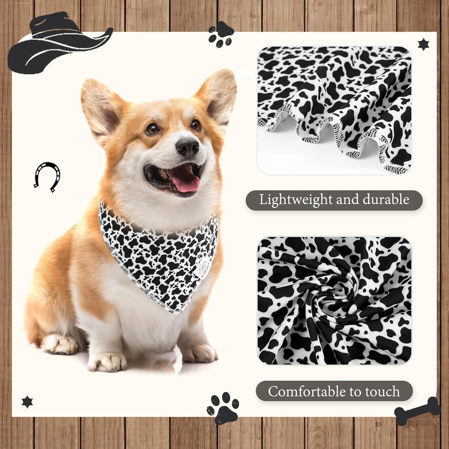 E-Clover Cow Print Dog Bandanas & Matching Scrunchie Set Fall Cowboys Theme Dog Scarf Bibs Pet Bandana with Bow Tie for Medium Large Dogs Owner Mom Black White