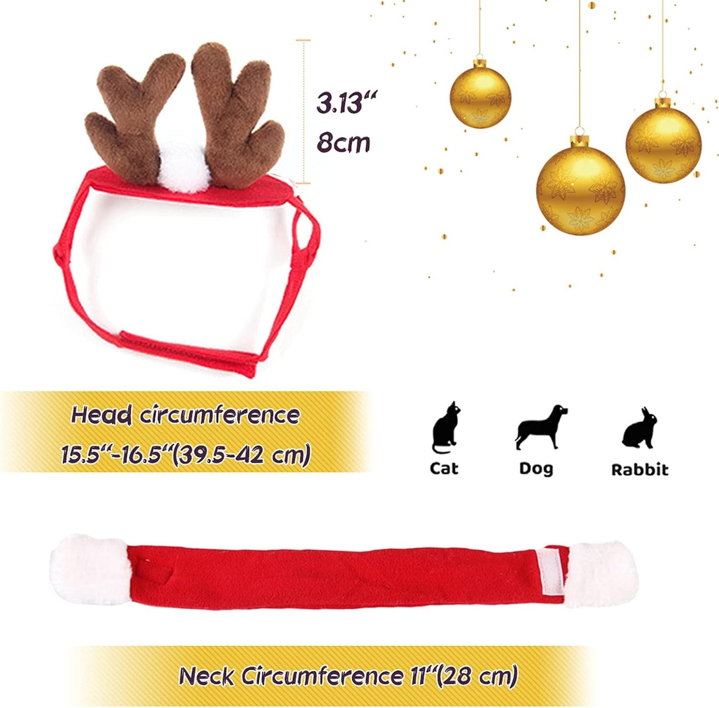Enjoying Pet Christmas Costumes for Cats Small Dogs, Cat Reindeer Antlers Headband with Xmas Scarf, Adjustable Doggie Reindeer Hat Santa Scarf, Kitten Christmas Outfit Cosplay
