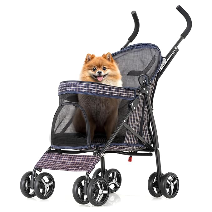 MoNiBloom 4 Wheels Pet Stroller, Easy-Fold Umbrella Shaped Dog Cat Jogger Stroller w/Storage Bag & Visible Mesh for Small/Medium Dogs Cats Plaid