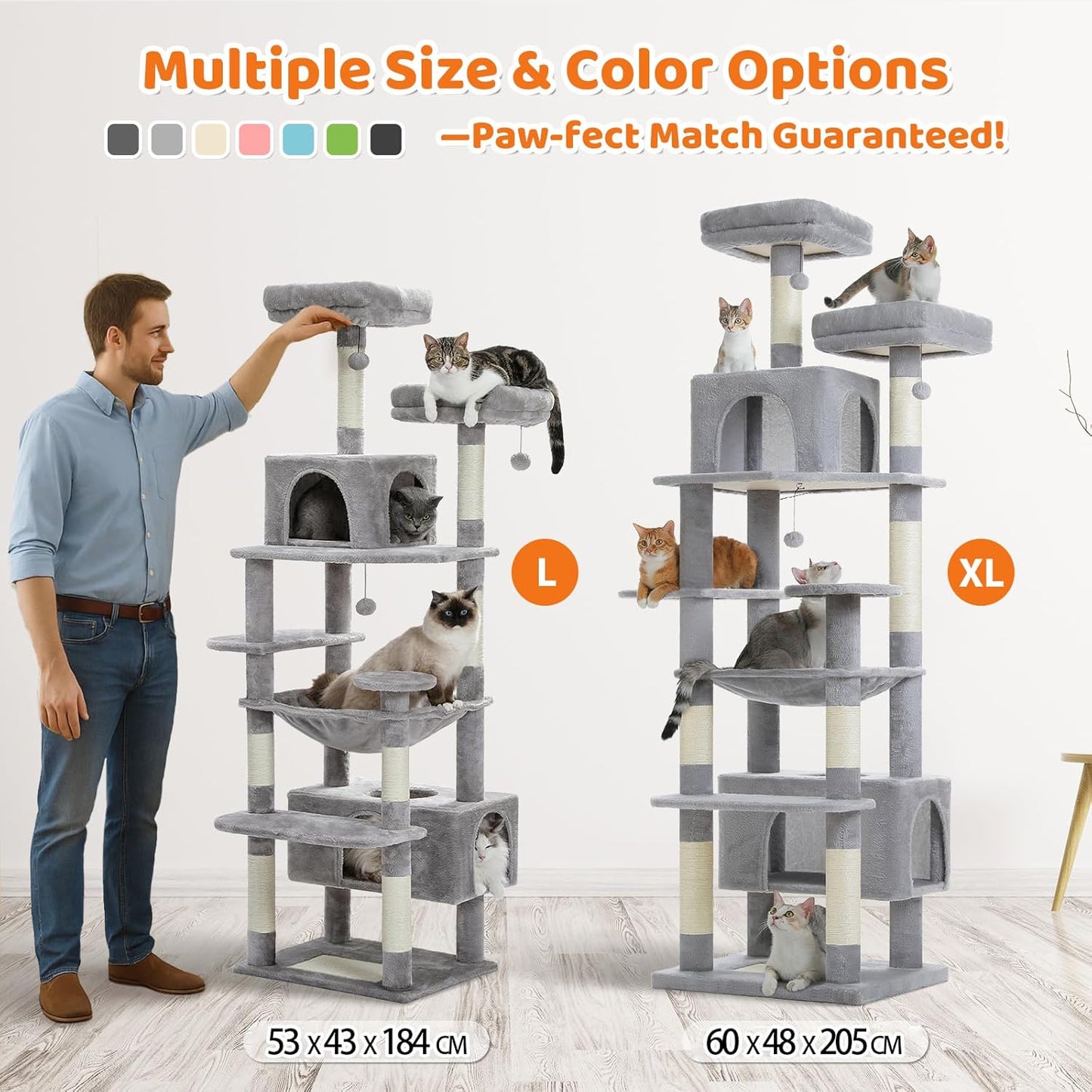 PAWZ Road Heavy Duty Cat Tree for Large Cats, 81 Inches Tall Cat Tower with 2 Perches, 2 Condos and Spacious Hammock, XL Extra Large Condo with 7 Scratching Posts for 20lb+ Adult Cats,Gray