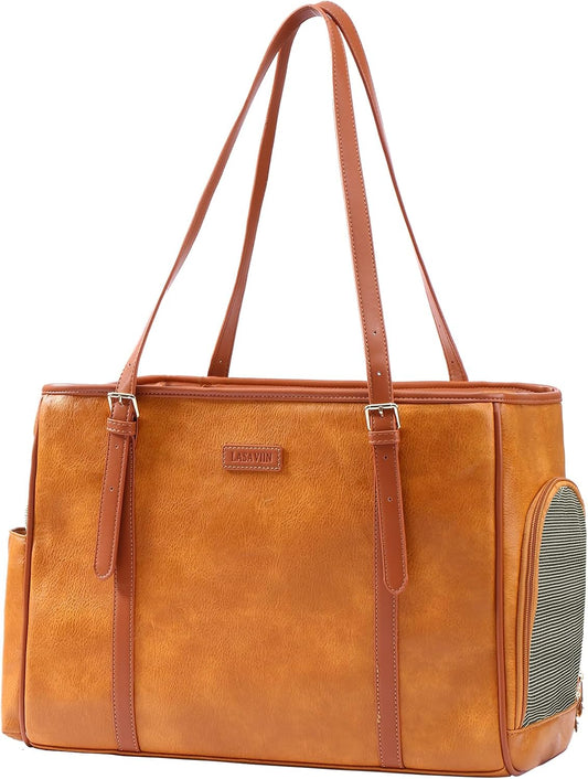 Fashion Dog Purse Pet Carrier Leather Bag for Small Dogs Cats Puppy, Portable Tote Bag Airline Approved Soft-Sided Carriers (Brown)