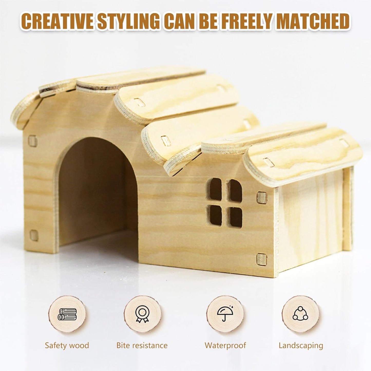 Hamster Toys 5-Piece Set,Hamster House, Swing, Climbing Ladder, Seesaw & Exercise Wheel,Pet DIY Sport Exercise Toys Set, Small Animal Habitat Accessories,Gerbils, Mice(Natural Wood A)