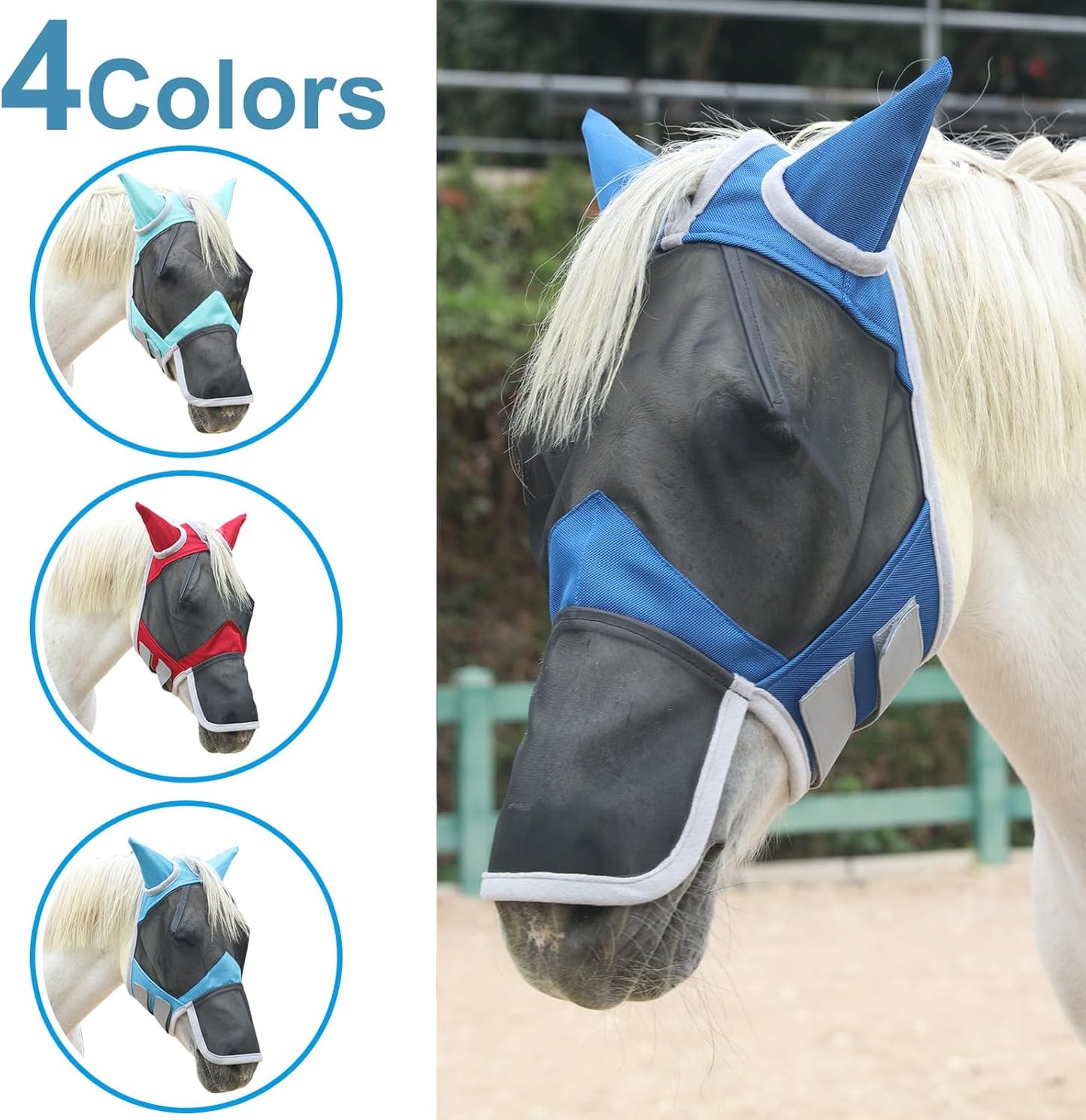 Horse Fly Mask with Ears & Long Nose Cover | Forelock Opening for Tangle-Free Mane Care | UV Protection & Breathable Mesh | No Rub Fit and Enhanced Visbility for Trail Riding RoyalBlue Pony
