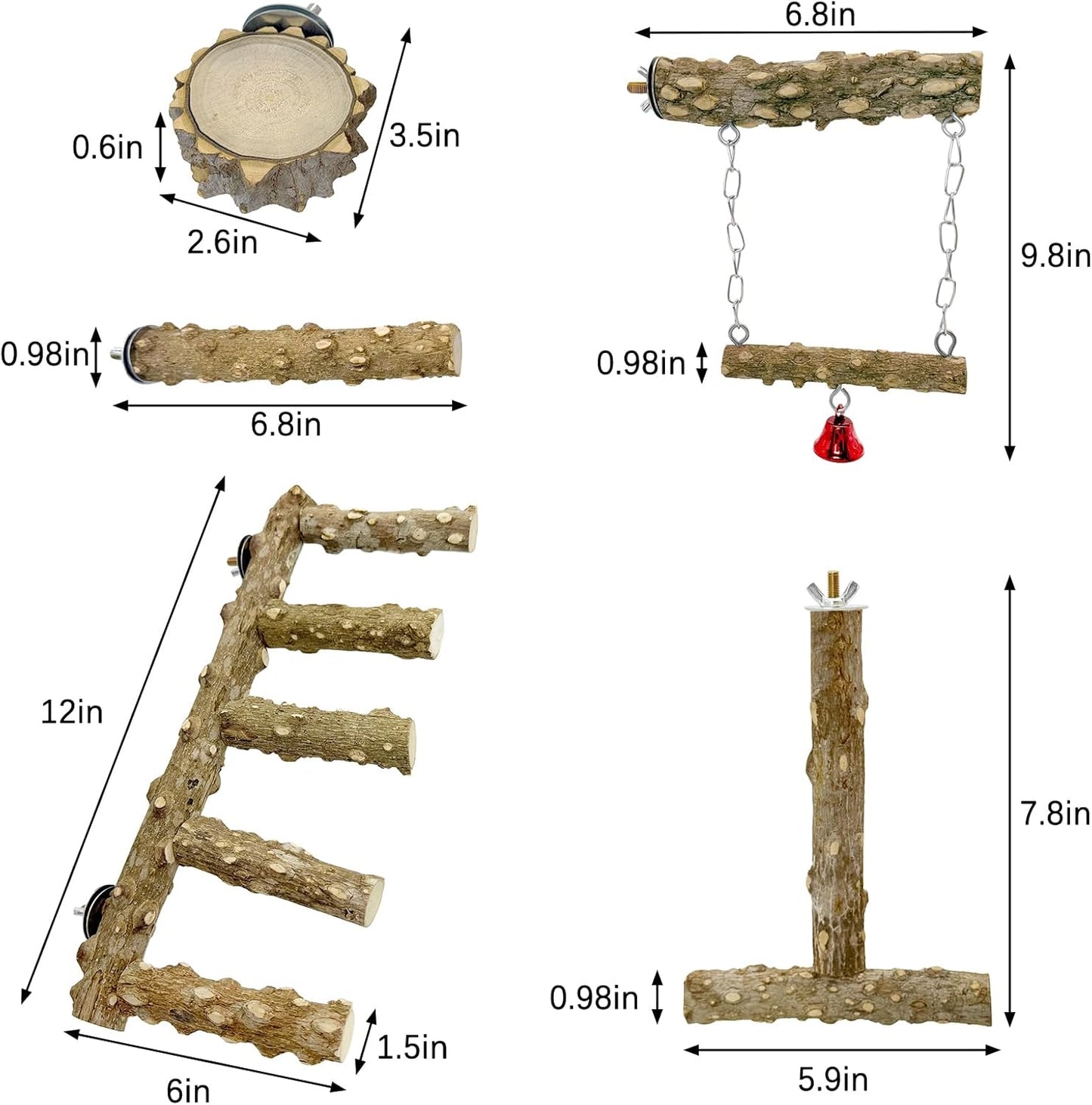 BNOSDM Natural Wood Bird Ladder Perch 6Pcs Parrot Stand Branches Climbing Chewing Stick Parakeet Swing Toys Cage Accessories Paw Grinding Fork Sets for Lovebirds Cockatiels Conure Budgies