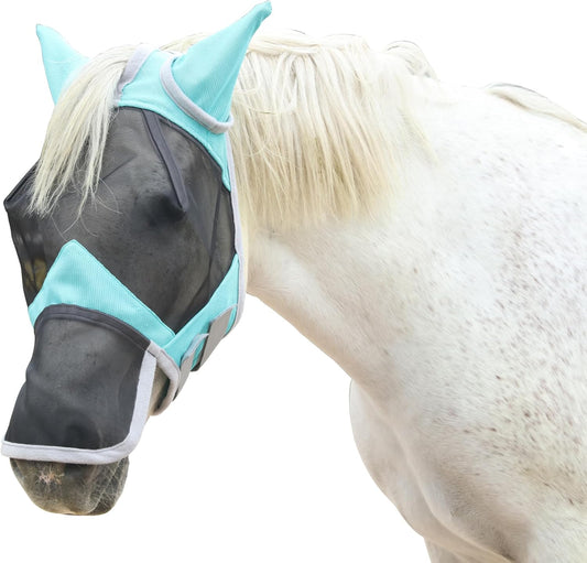 Horse Fly Mask with Ears & Long Nose Cover | Forelock Opening for Tangle-Free Mane Care | UV Protection & Breathable Mesh | No Rub Fit and Enhanced Visbility for Trail Riding Turquoise Cob