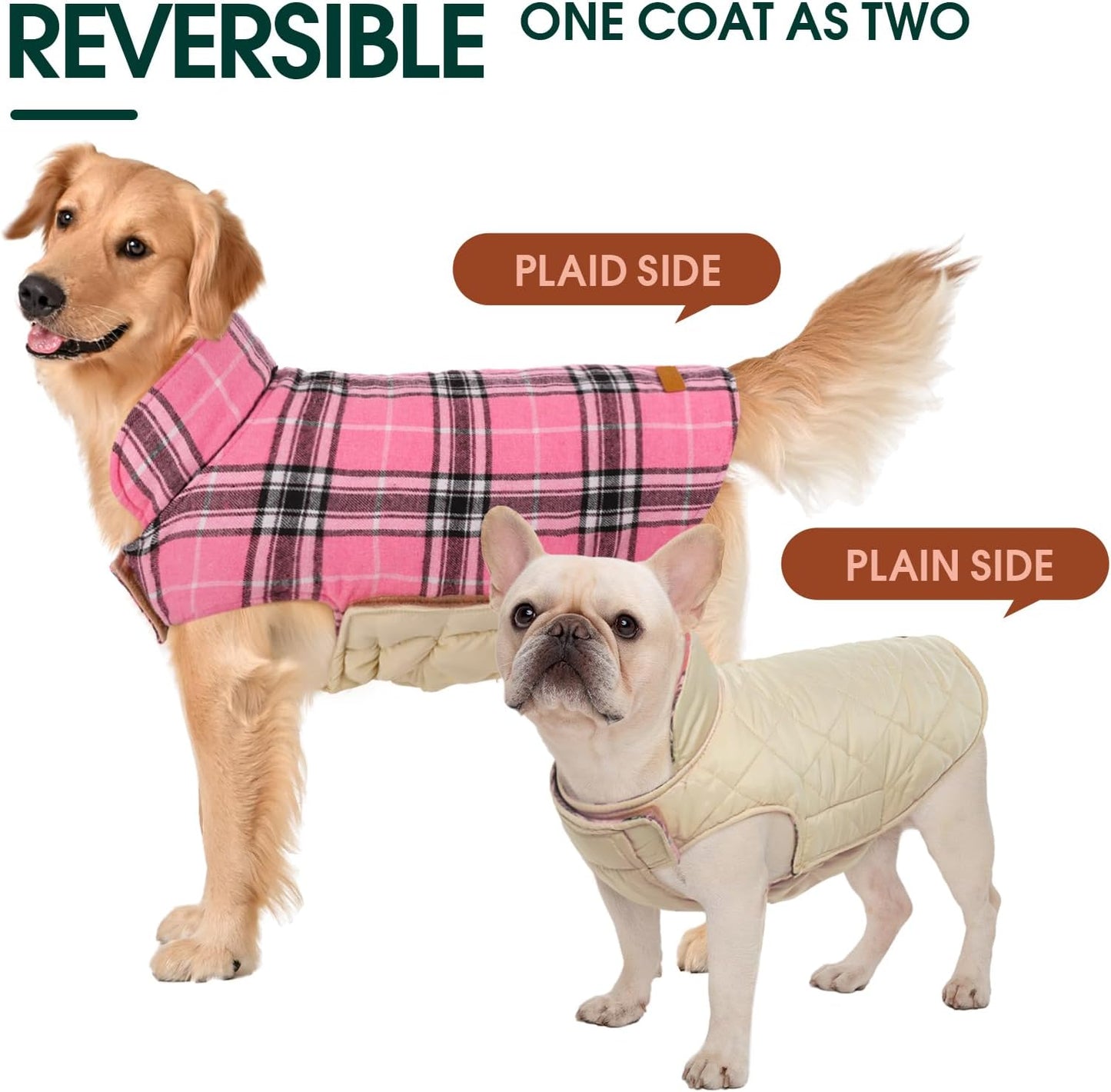 Kuoser Warm Dog Coat, Waterproof Dog Jacket for Extra Large Dogs, Adjustable Durable XXL Doggie Winter Coat Reversible Puppy Cold Weather Apparel from Small to Large Breed, Pink XXL