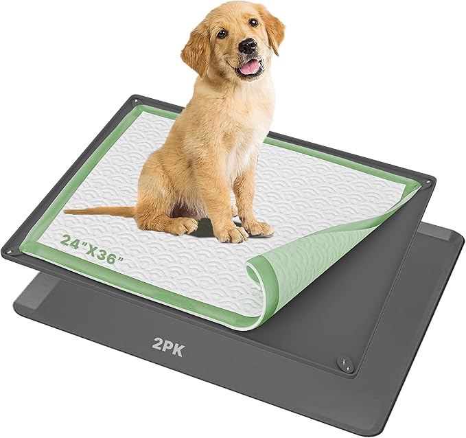 TidyFriend 2 Pk Dog Pee Pad Holder Tray Fits for 24” x 36” Pee Pads with Corner Lock Holes, Raised Edges, Non-Spill, Easy to Clean Silicone Dog Potty Tray Holder, for Indoor Floor Protection (Grey)
