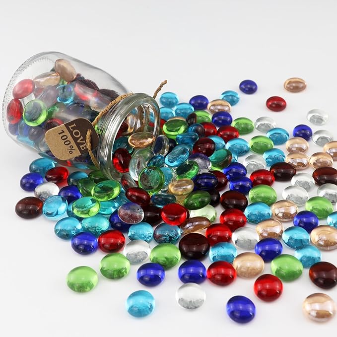 2.16LB Glass Beads Mix Colors Vase Filler Aquarium Gravel Decor Flat Glass Marbles Gems Pebbles Fish Tank Rocks Home Decorative Art Craft - 7 Colors Mixed