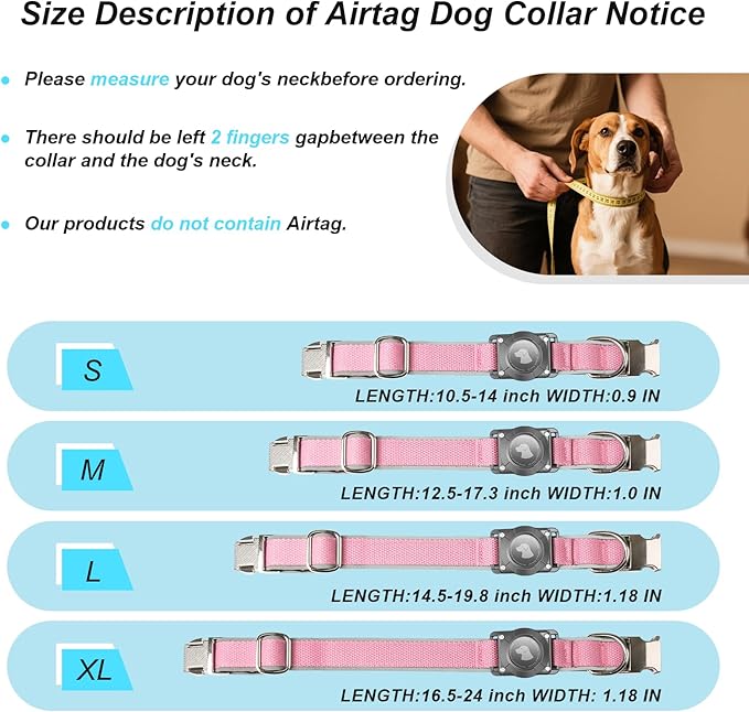 Waterproof Airtag Dog Collar - Nylon Collar with Durable Airtag Holder, Reflective&Anti-Lost with Safety Metal Buckle, Soft Padded Adjustable for Small Medium Large Dogs Pink L