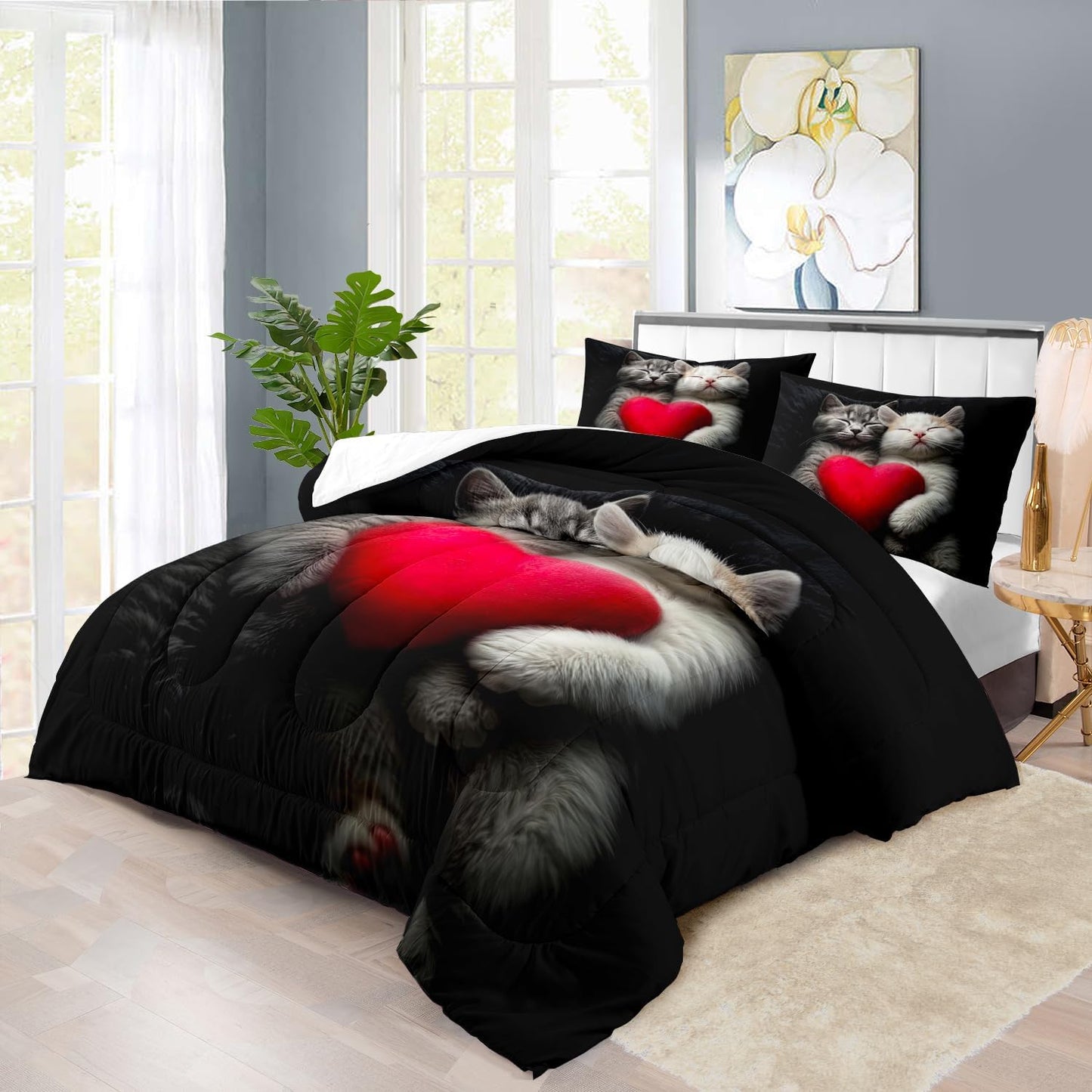 Cute Cat Comforter Set King,Kawaii Cat Bedding Set for Girls,Cute Animal Comforter Red Love Heart Bedding Decor,Kawaii Farm Animal Quilt Patterns Kids and Adults