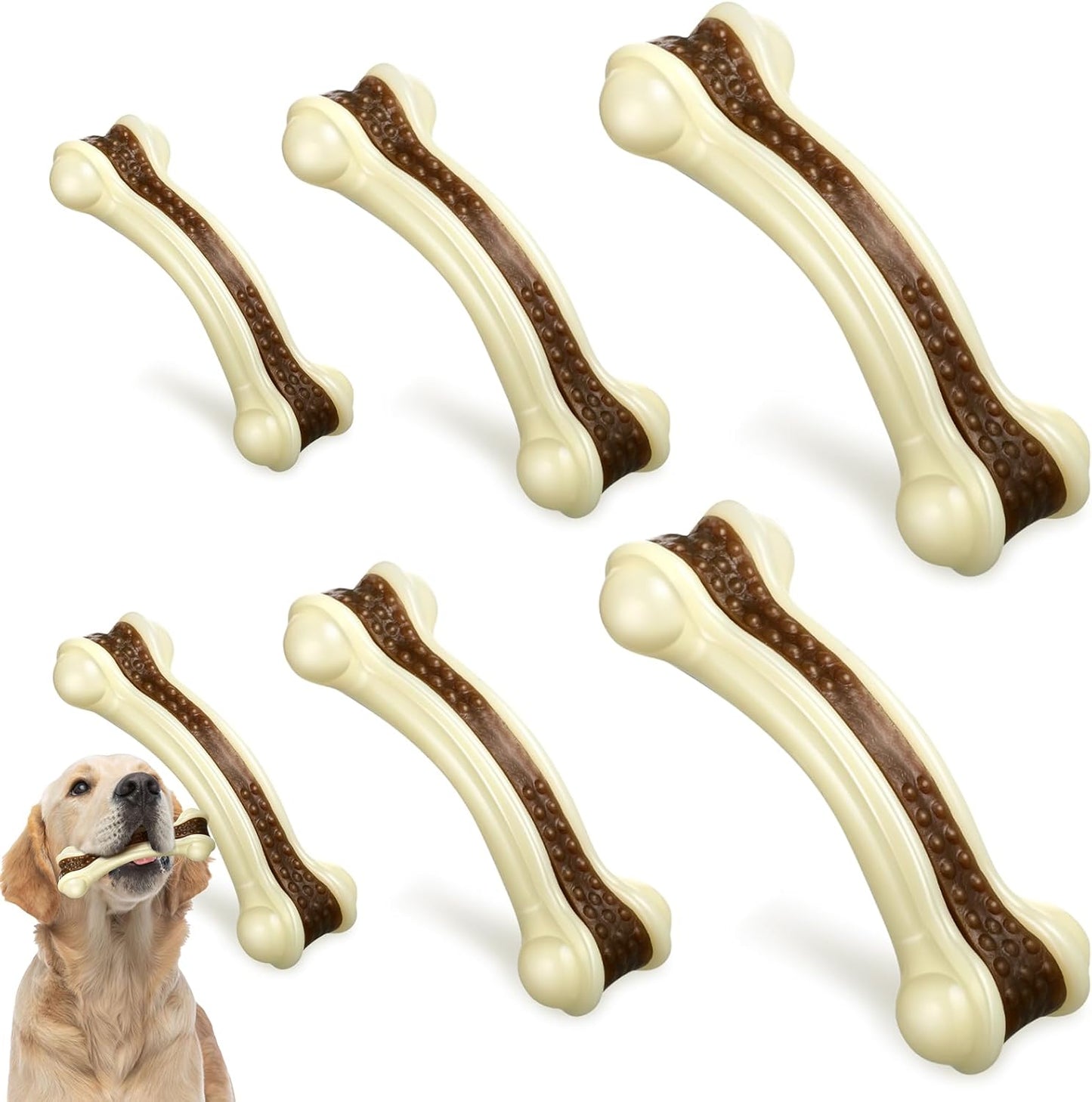 Sosation 6 Pcs Dog Toys for Aggressive Chewers Nylon Beef Flavor Bones Tough Puppy Teething Toys Puppy Chew Bones for Large Medium Small Breed Dogs Puppies Pets Chew Toys(Small Medium Large)
