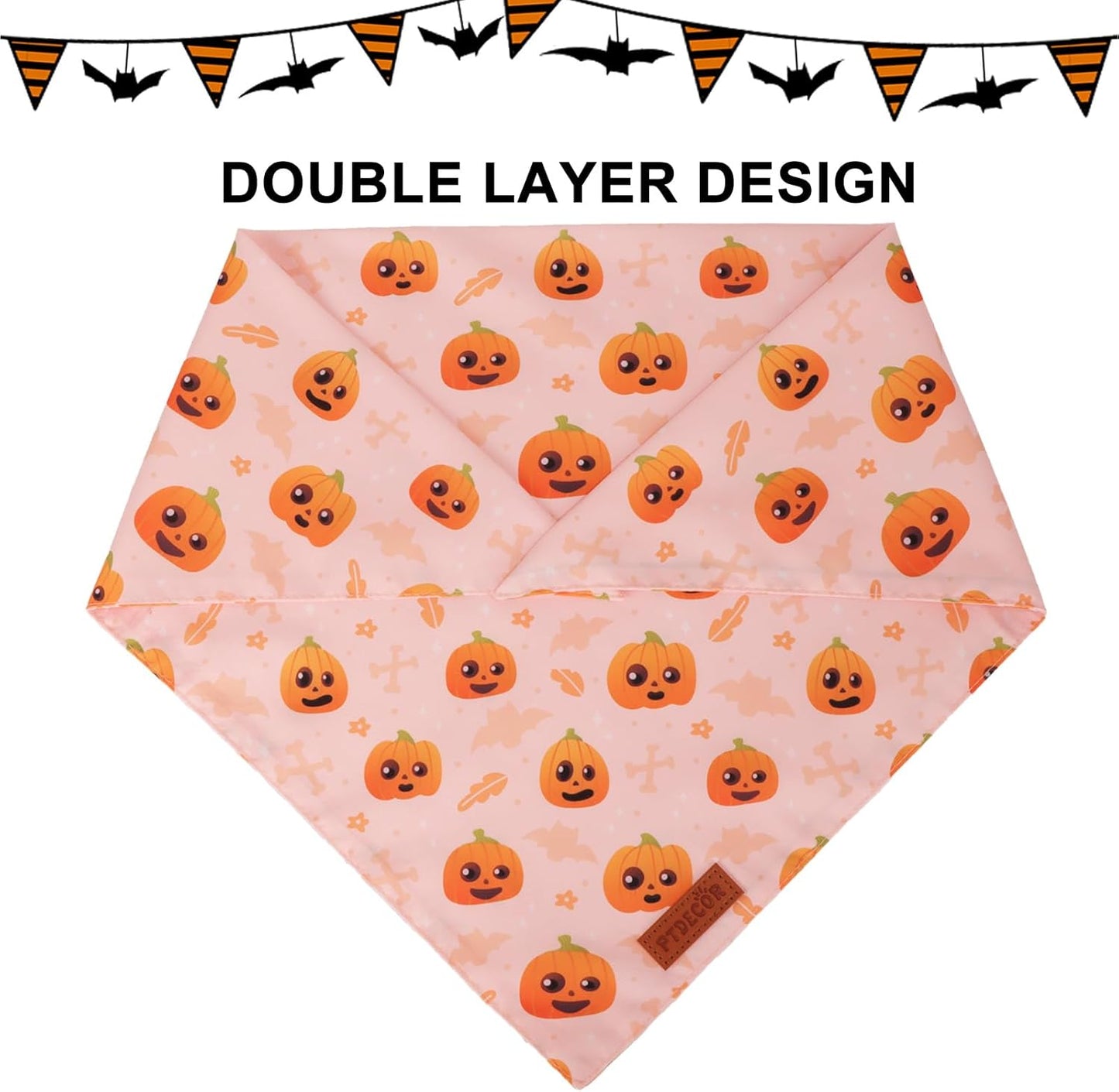 PTDECOR Halloween Dog Bandana, Cute Ghost Pumpkin Design Reversible Holiday Pet Scarf, Adjustable Orange Yellow Halloween Bandanas for Medium Large Dogs Pets (Large)