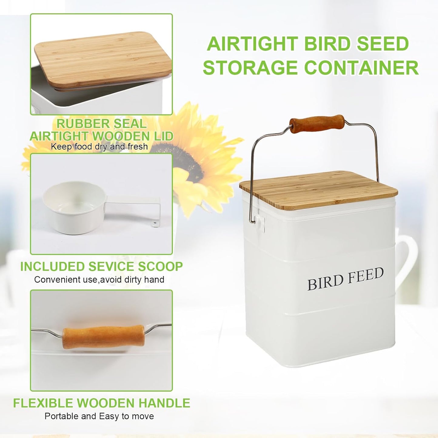 Bird Seeds storage container,Bird Seed Container,Metal food tin for Birds, pet snacks Canisters with wooden lid/handle/sevice scoop,hold 5-6 lbs