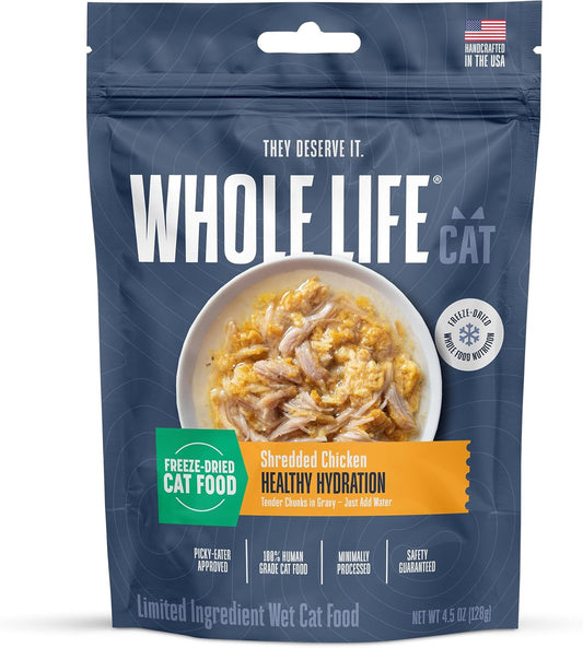 Whole Life Cat Freeze Dried Cat Food - Human-Grade Wet Food Toppers & Complement, Natural Broth, Hydrating Snacks, Lickable Treats, Just Add Water – Shredded Chicken, 3 Oz