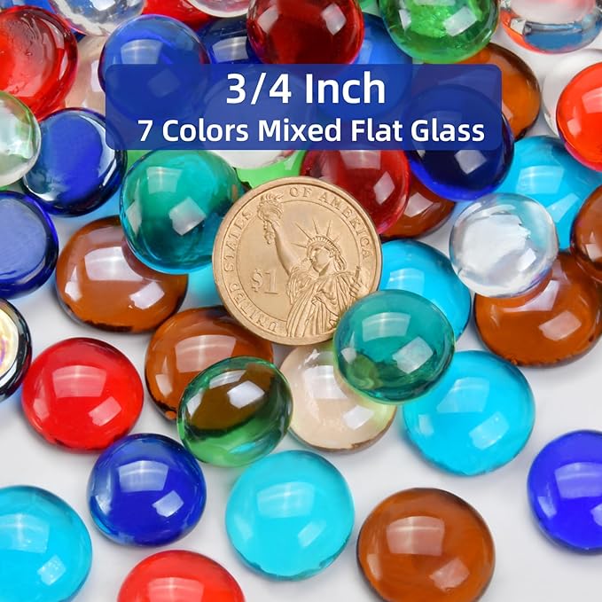 1LB Mixed Color Flat Glass Marbles for Vases, Mancala Stones Gemstone Beads Vase Filler Decorative Glass Pebbles for Fish Tank, DIY Crafts, Mosaics, Aquarium Decor Rocks, Candle Holders