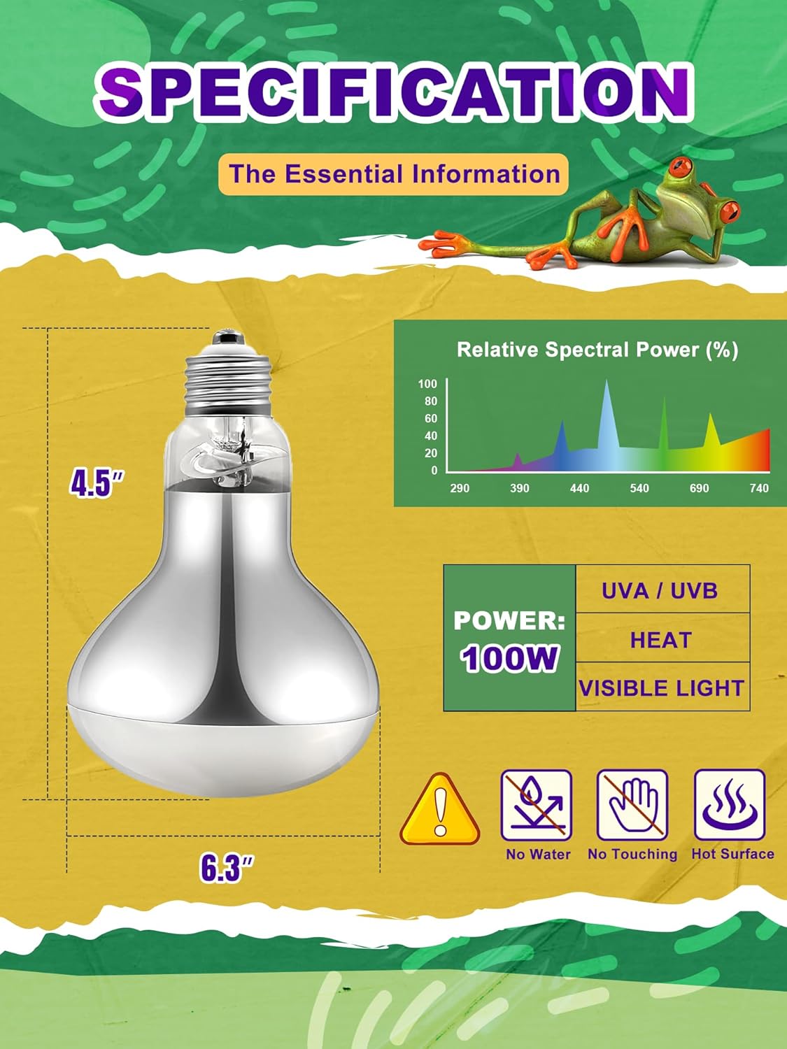 Heat Lamp Bulb, 100 Watt Pack of 2 Full Spectrum UVA UVB Reptile Heat Bulb, Basking Spot Light, Simulate Natural Sun Light for Reptile and Amphibian (Pack of 2)