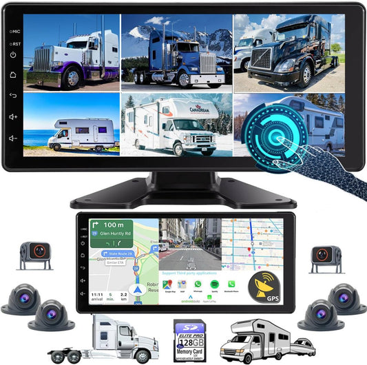 RV Backup Camera 10.1" 1080P Monitor & Built-in DVR for Truck Trailer Rear Side Front Reversing View Wired System FHD Image 4 Split Large Screen 64GB Record IP69 Waterproof Avoid Blind Spot Kit