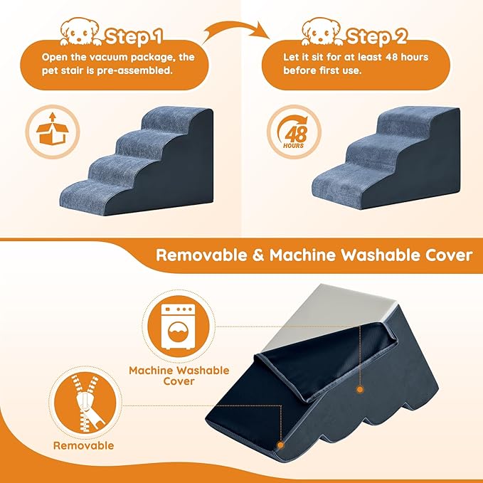 Pet Stairs, Dog Stairs for Small Dogs, Dogs Steps, 5-Step Curved Dog Ramp for Bed, Couch, Sofa, Car and Chairs, Non-Slip Bottom Design, Cat Scratching Board, High Density Foam Portable Pet Step, Navy