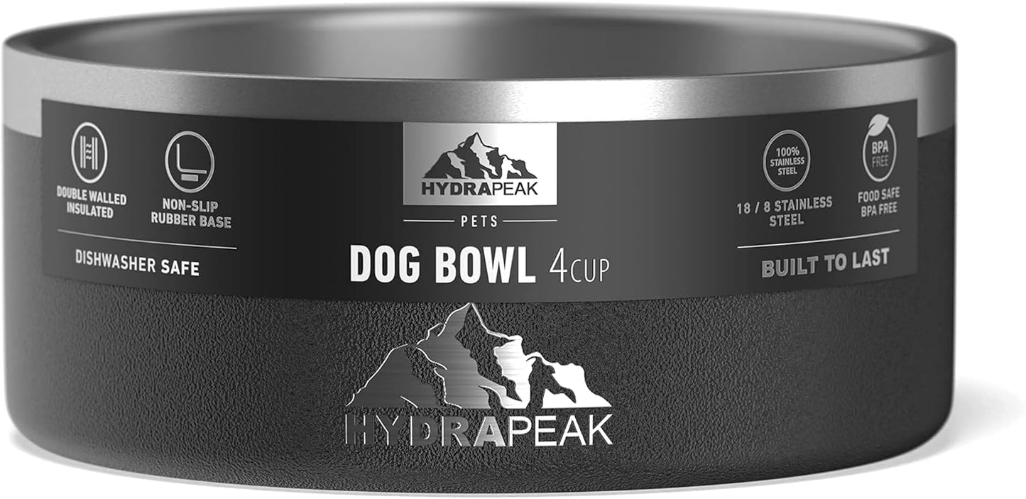Hydrapeak Dog Bowl; Non Slip Stainless Steel; Water and Food Dish; Large Sized and Small Dogs; 32oz 64oz; Multiple Sizes; 4 Cup | Black