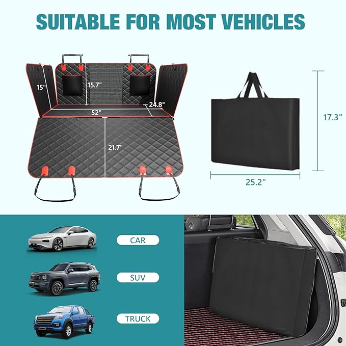 Waterproof Dog Car Seat Cover for Back Seat – Heavy Duty Back Seat Extender for Dogs with Hard Bottom, 7-Layer Protection, Non-Slip & Scratchproof, Easy to Install (Red)