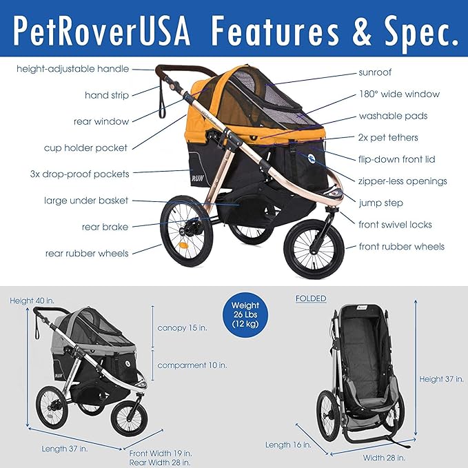 Run Performance Jogging Sports Stroller with Comfort Rubber Wheels/Zipper-Less Entry/1-Hand Quick Fold/Aluminum Frame for Small/Medium Dogs, Cats and Pets (Speed Yellow)