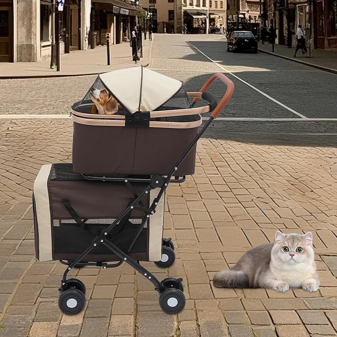 Double Pet Stroller with Detachable Carriers, Large Cat & Dog Stroller with 4 Wheels, Foldable Pet Strollers Small & Medium Dogs Cats 77lbs (Coffee Color)