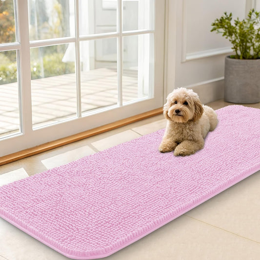 OLANLY Dog Door Mat for Muddy Paws 59x20, Absorbs Moisture and Dirt, Absorbent Non-Slip Washable Doormat, Quick Dry Chenille Mud Mat for Dogs, Entry Indoor Entryway Carpet for Inside Floor, Pink