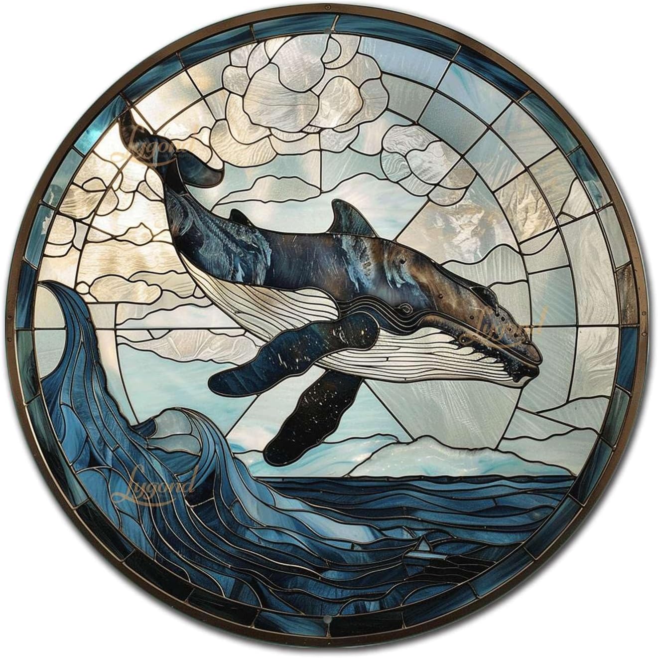 Lygond Metal Sign Tin Sign Circular Stained Glass Whale Sign for Garden for Restaurant 12×12 Inches