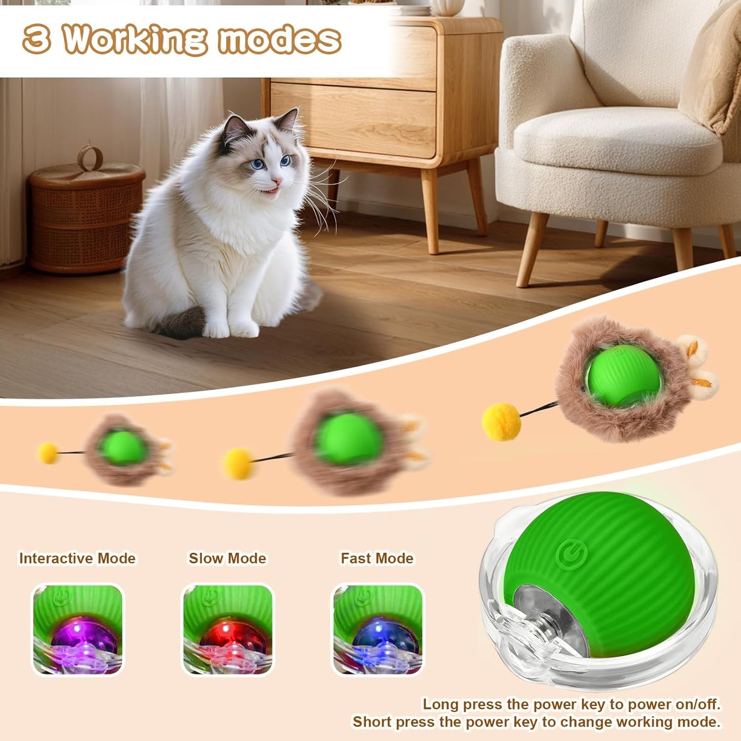 Rocfish Interactive Cat Toys Ball - Automatic Fast Rolling Ball in Play Mat, Hide and Seek Mouse Catching Game, Low-Noise Cat Enrichment Toys in Pouch for Indoor Bored Cats (Green Toy & Round Mat)