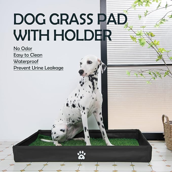 MEEXPAWS Dog Grass Pad with Foldable Dog Litter Box, Large Pee Pad Holder Foldable Liner Base High Side with Odor Free Artificial Grass for Puppy Potty Training Balcony, 2 PCS Reusable Pee Pads