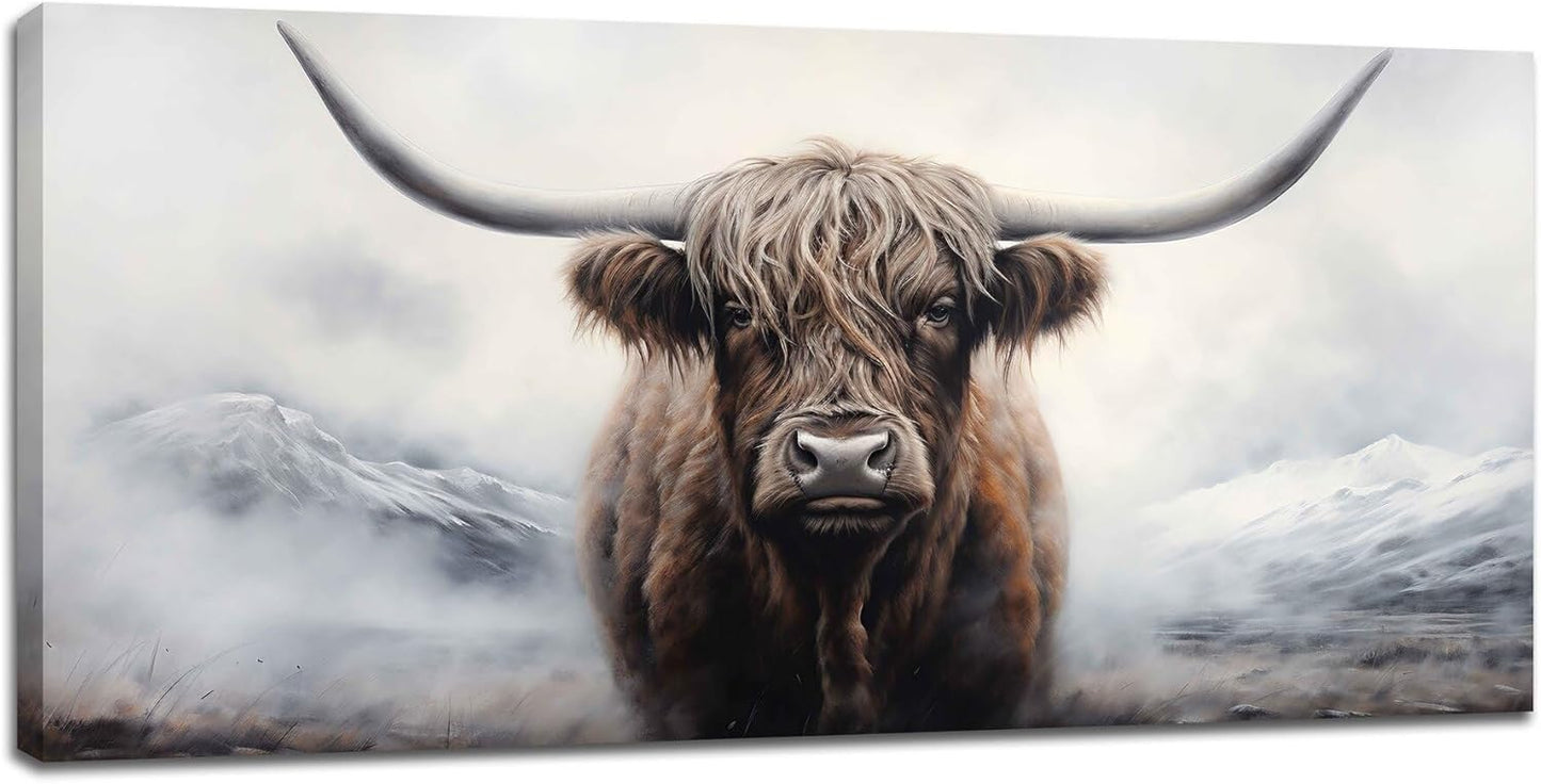 Large Highland Cow Art for living Room Highland Cow Wall Decor Rustic Canvas Cow art Animals Pictures Big Canvas Prints Painting Framed Artwork for Living Room Bedroom Office Home Office 60"x30"