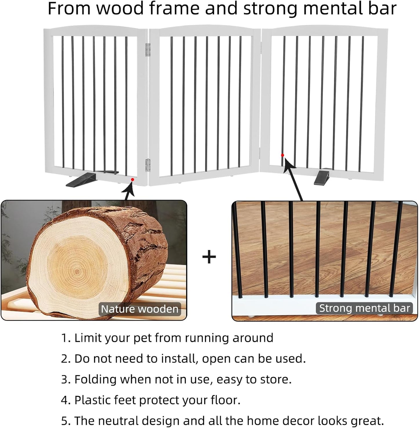 Foldable Wooden Freestanding Dog Gate - 32" H, 3 Panels, Stairs/Doorways, Support Feet Included, White