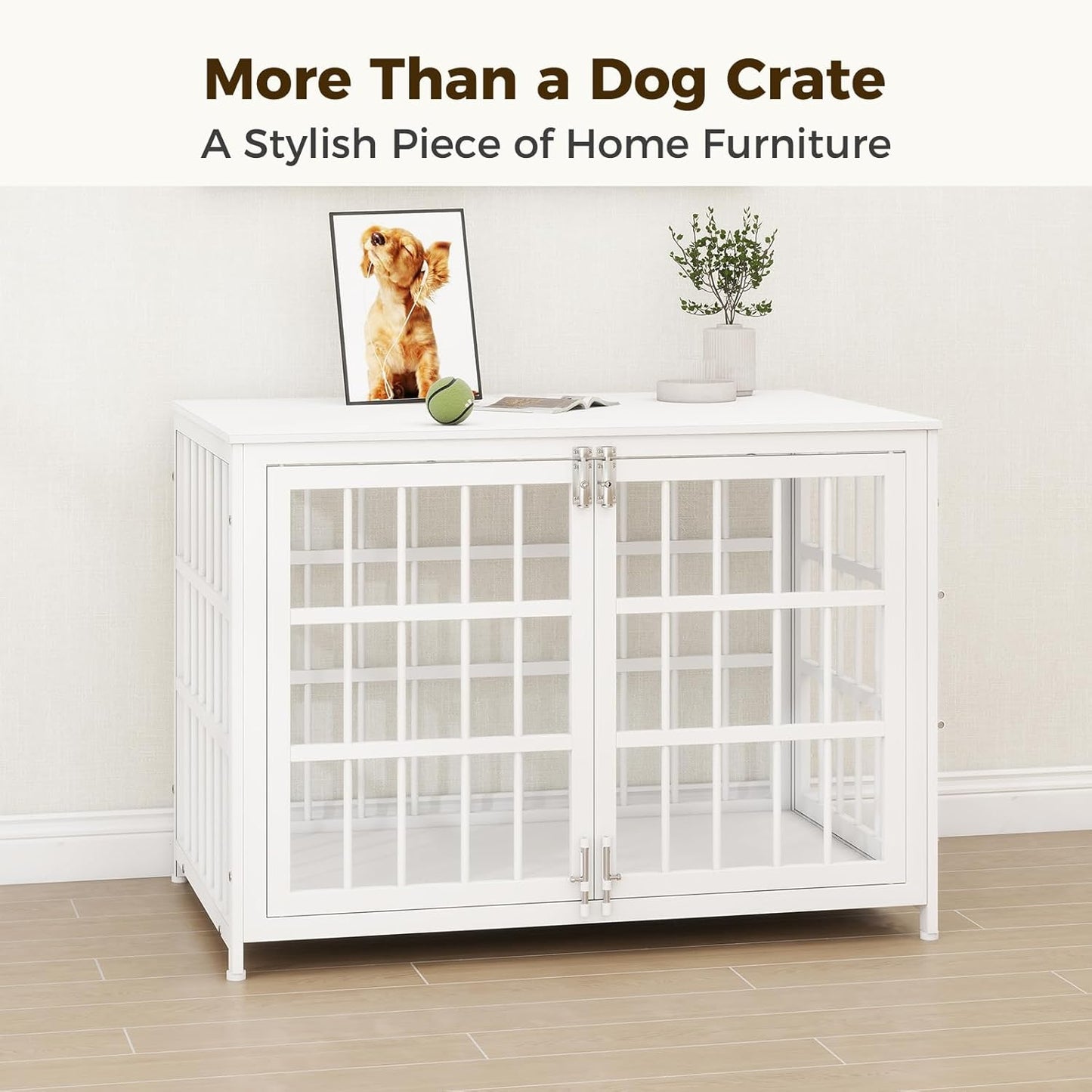38 Inch Heavy Duty Wooden Dog Kennel End Table with Double Door Design and Secure Locks, Indoor Pet Crate Furniture for Medium Dogs, Decorative Home Cage Design,White