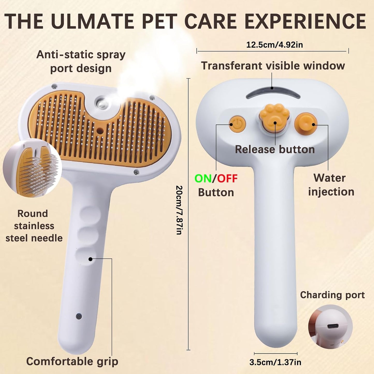 Pet Steam Brush for Cats and Dogs, 4 in 1 Spray Depilatory Comb, Cat Brush with Self-cleaning and Massage Functions Perfect for Long-haired and Short-haired Pets