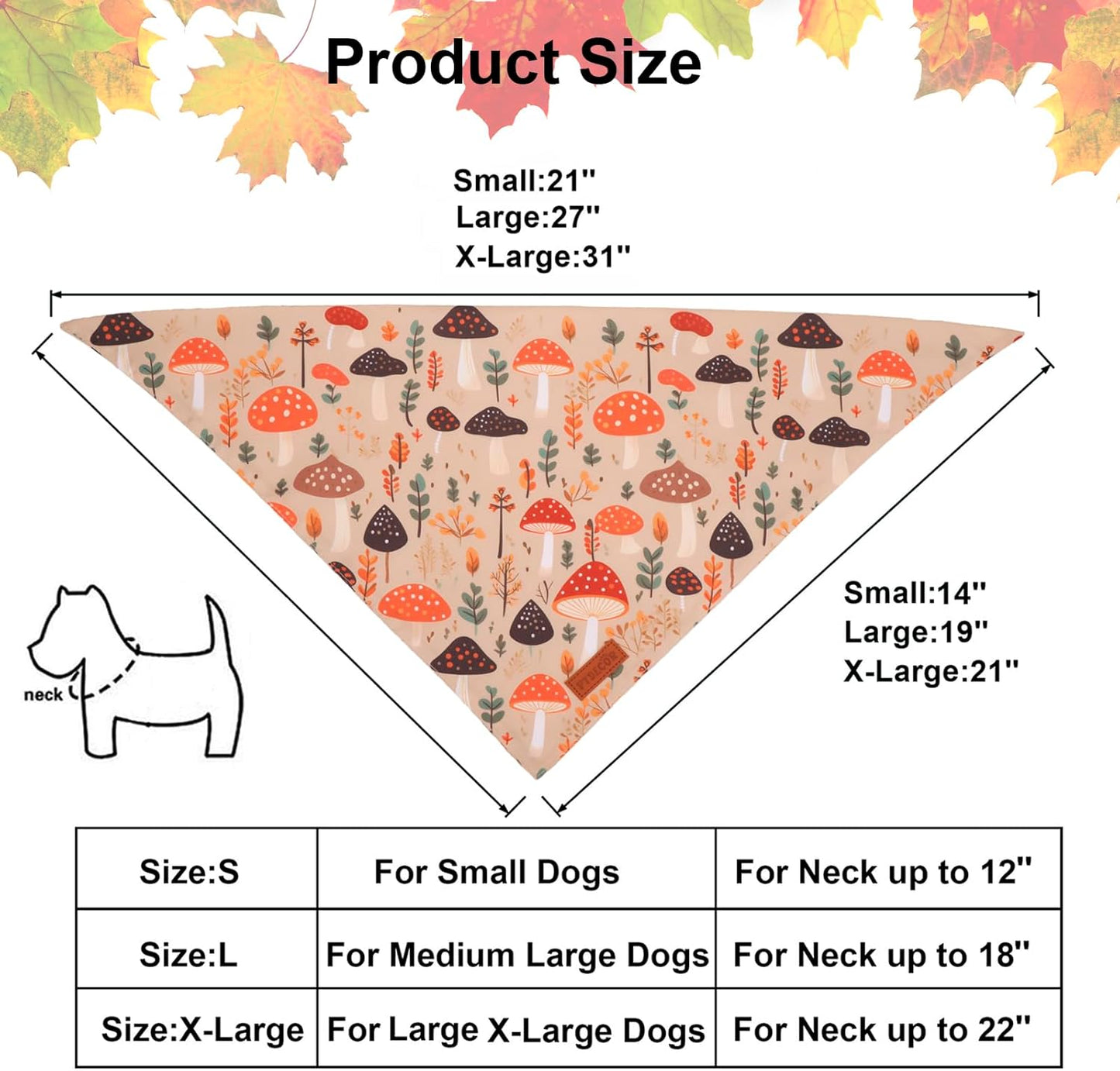 PTDECOR Fall Dog Bandana, Pumpkin Mushroom Design Scarf Reversible Holiday Dog Scarf, Triangle Thanksgiving Bandanas for Large X-Large Dogs (X-Large)