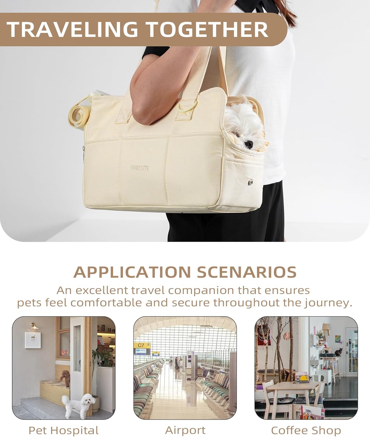 Dog Purse Carrier for Small Dogs Rabbit cat with Large Pockets, Cotton Bag, Dog Carrier Soft Sided, Collapsible Travel Puppy Carrier (Beige, 13.6" L x 6.5" W x 10" H)