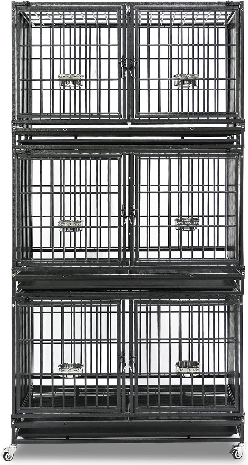 Homey Pet Three Tiers 43 inch Heavy Duty Dog Crate with Wheels, Stackable Indestructible Steel Dog Cage Kennel Indoor with Divider, Trays, Bowls, Escape Proof Locks for Breeder and More