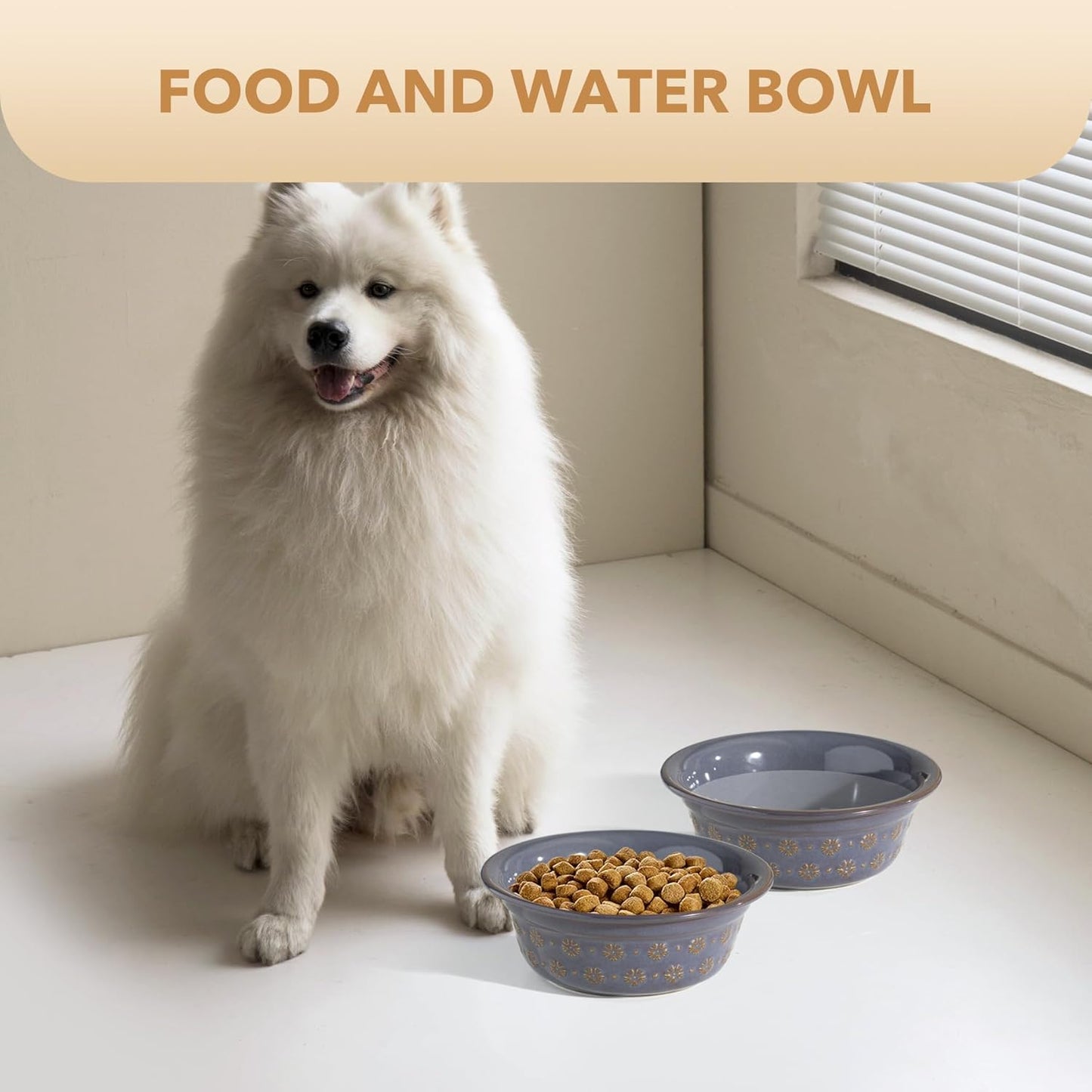 Ceramic 8.7inch Dog Bowl for Large Dog, Basic Food and Water Bowl for Replacement, Wide Opening Rounded Edge(Single Bowls, Reactived Glaze -Grey)