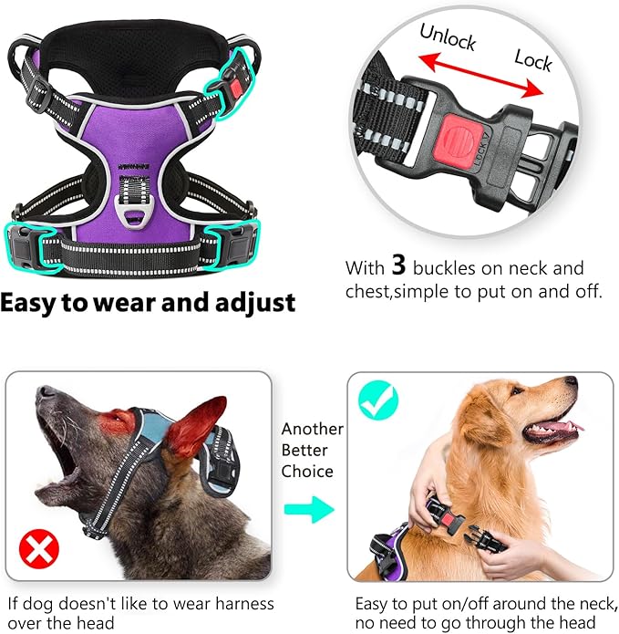 Timos Dog Harness Large Sized, No Pull with Neck Lockable Snap,No Choke Front Clip Dog Reflective Harness,Adjustable Metal Rings 3 Buckles,Easy Control Handle for Large Dogs Purple L