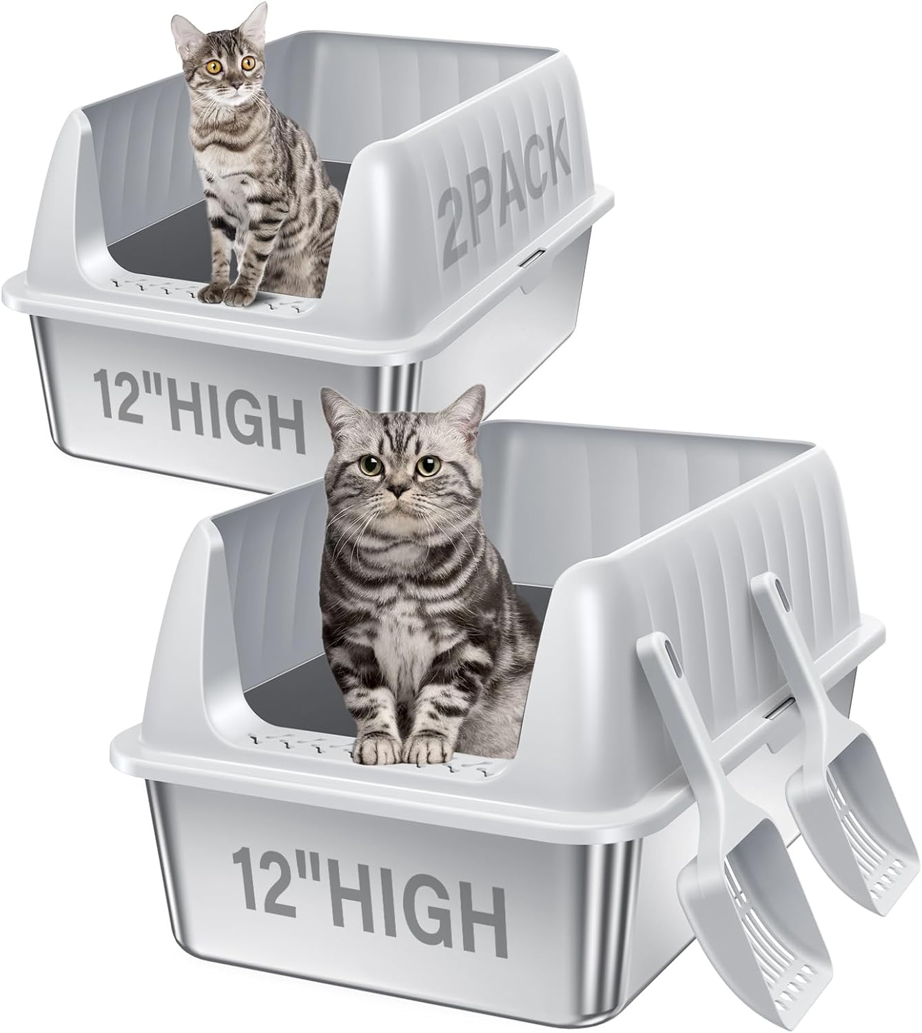 Cat Litter Box Stainless Steel XL with Lid, Enclosed Metal Extra Large Litter Box Pan High Sided with Scoop for Big Cats, Non-Sticky, Anti-Urine Leakage, Easy Cleaning