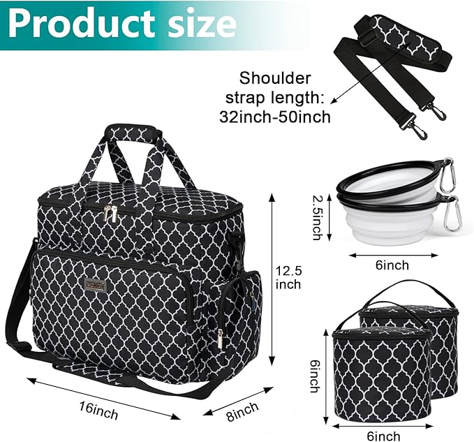 BAGLHER Dog Travel Bag, Pet Travel Bag (ALL Pet Travel Supplies), With 2 Pet Food Containers and 2 Collapsible Silicone Bowls; Essential Kits for Pet Travel DLblack